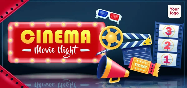 Sinema, Film Gecesi. 3D vektör çırpma tahtası, yönetmen megafonu, bilet, 3D gözlükler ve film kaseti.