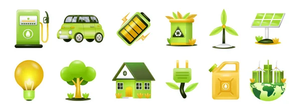 緑のエネルギー ガソリンスタンド 電気自動車 バッテリー リサイクル 太陽光パネルと風力タービン3Dアイコン — ストックベクタ
