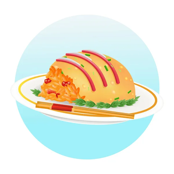 Nourriture Japonaise Illustration Riz Omelette Rempli Crevettes Sauce — Image vectorielle