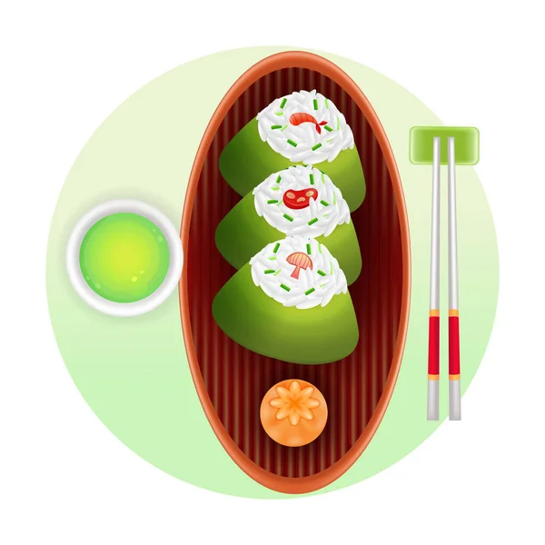 Japon Yemeği Boyutlu Pirinç Topları Yeşil Çay — Stok Vektör