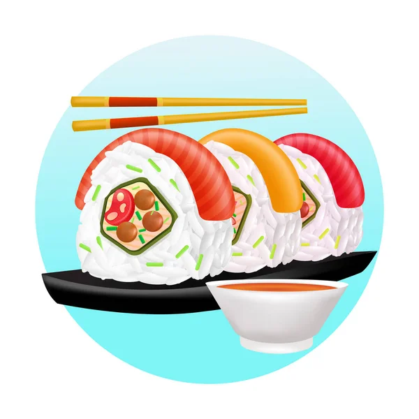 Японська Їжа Ілюстрація Лосося Суші Рол Соєвим Соусом — стоковий вектор