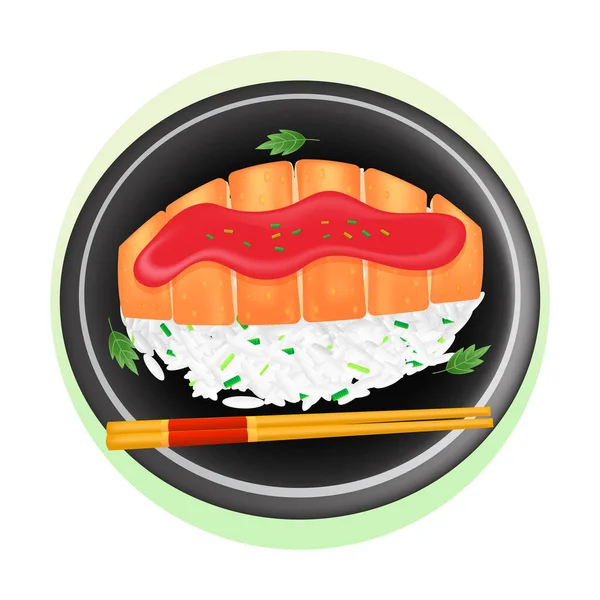 Nourriture Japonaise Illustration Riz Avec Poulet Katsu Frit Croustillant — Image vectorielle