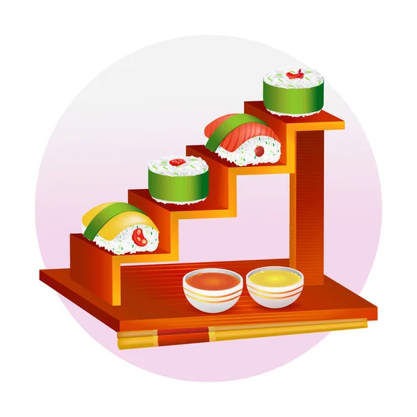 日式食品 在梯子木托盘上的三维寿司插图 — 图库矢量图片