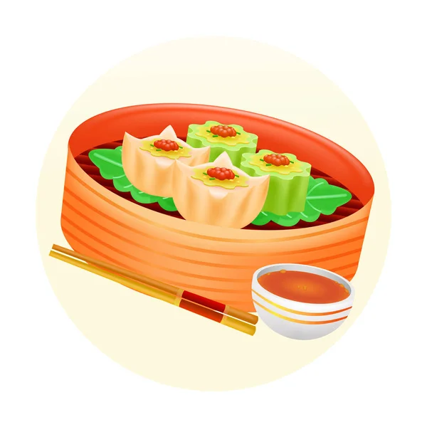 中国料理 竹蒸し籠で苦いひょうたん点心食品の3Dイラスト — ストックベクタ