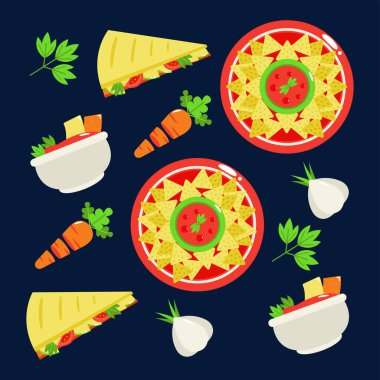 Meksika yemeği. Quesadilla, tortilla cipsi, havuç ve sarımsak deseni