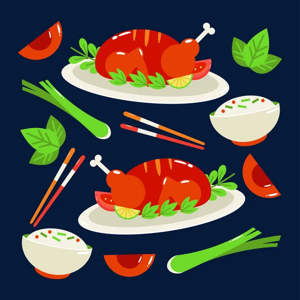Chinese Food Peking Duck Century Egg Rice Pattern — Stock Vector