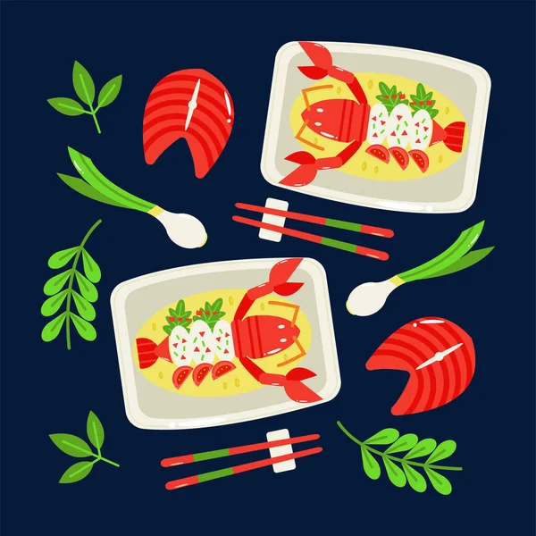 中国の魚介類 蒸しロブスター 新鮮なマグロのパターン — ストックベクタ