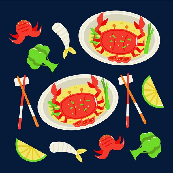中国の魚介類 蒸しカニと新鮮なエビのパターン — ストックベクタ
