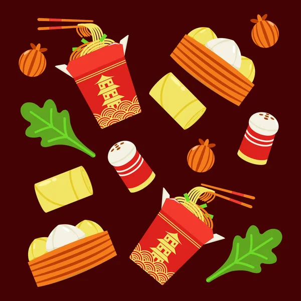 Comida China Fideos Caja Bollos Vapor Rollos Fritos Patrón Verduras — Archivo Imágenes Vectoriales