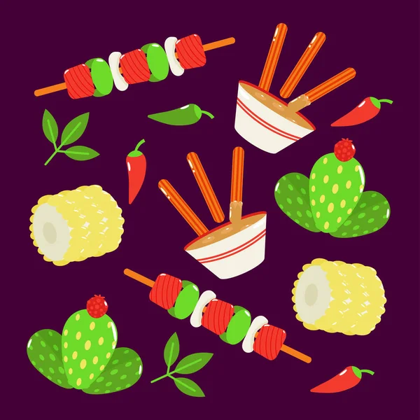 Mexické Jídlo Smažené Sýrové Tyčinky Barbecue Kukuřice Kaktusové Ovoce — Stockový vektor