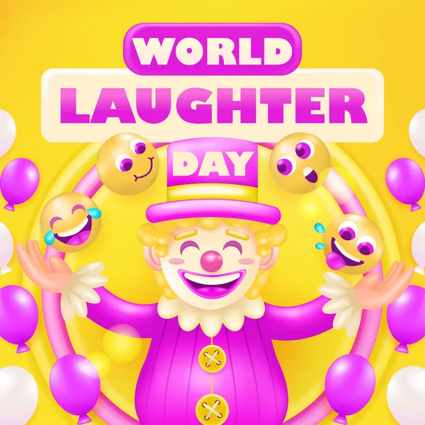 世界欢笑日 3D矢量小丑与气球装饰和快乐的情绪 — 图库矢量图片