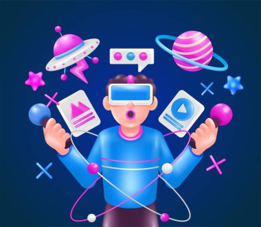 Sanal gerçeklik. 3D vektör adam UFO ve gezegen süslemeleri ile bir oyun konsolu denetleyici tutuyor