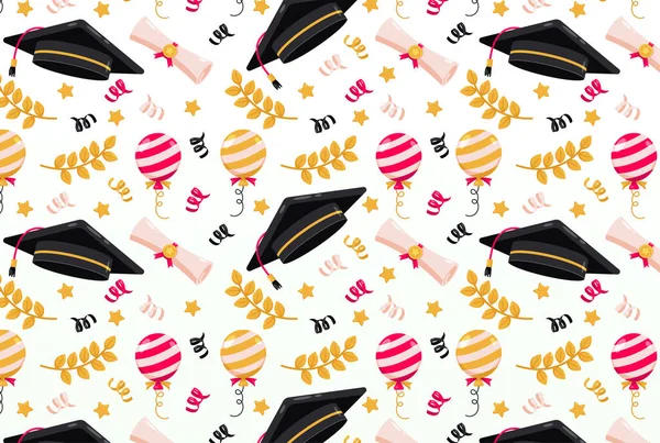 Mutlu Mezuniyetler. Kap, sertifika, buğday ve balon deseni