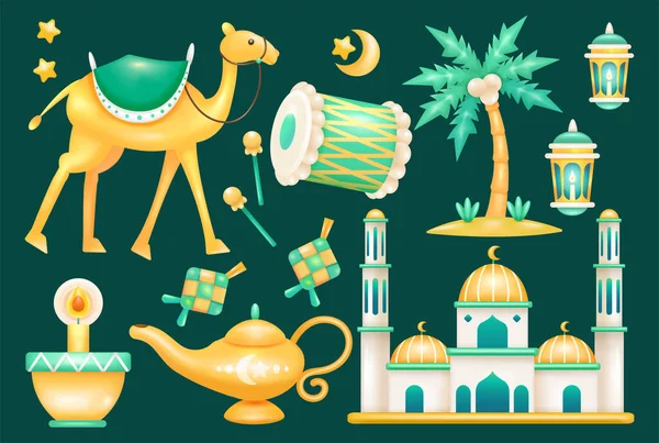 Ramadán Prvky Velbloudi Bubny Varné Konvice Kokosové Stromy Lucerny Mešity — Stockový vektor