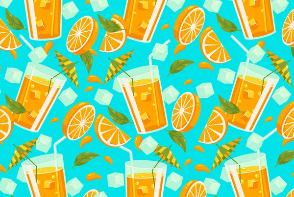 Orange Juice Fresh Citrus Fruit Elements Seamless Pattern — Stock Vector