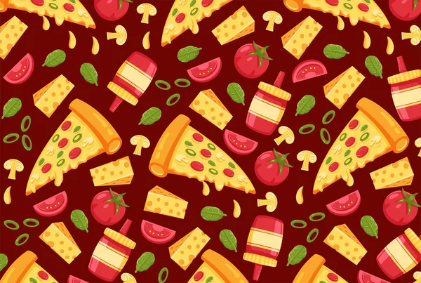 Pizza Mushroom Tomato Cheese Sauce Elements Seamless Pattern — Stock Vector