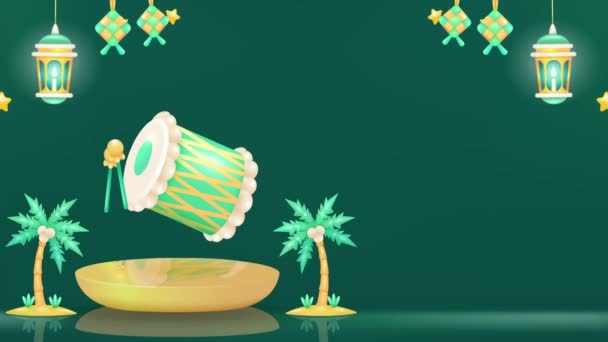 Animasyon Ramazan Kareem Arka Planında Davul Fener Ketupat Hindistan Cevizi — Stok video