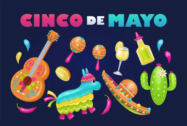 Синко Майо Федеральный Праздник Мексике Вектор Гитарой Кактусом Шляпой Пиньятой — стоковый вектор