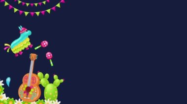 Cinco de Mayo 3d vektör Arka plan Tasarımı. Kaktüs, marakas gitar ve pinata elementleriyle Meksika kutlaması için mükemmel. 4k video tebrik kartı çerçevesi