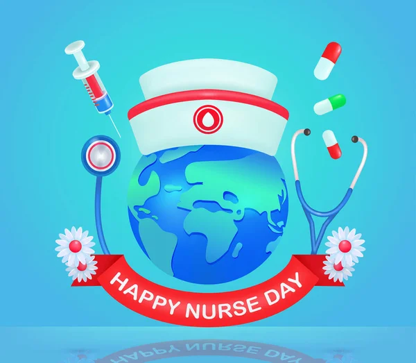 Dia Internacional Enfermeira Estetoscópio Terra Injeção Enfermeira Cap Elementos Vetoriais —  Vetores de Stock