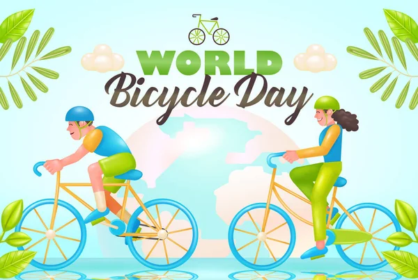 年轻夫妇骑自行车为世界自行车日和无车日 3D矢量图解的新鲜主题 — 图库矢量图片