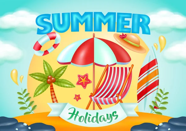 Sommerferien Sommer Strandvektordesign Meer Mit Liegestühlen Und Sonnenschirmen Sommer Hintergrund — Stockvektor