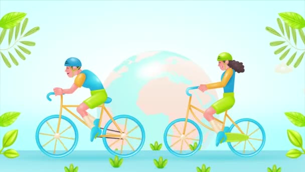 Vector Animation Young Couple Riding Bicycles Fresh Environment World Bike — Stock Video