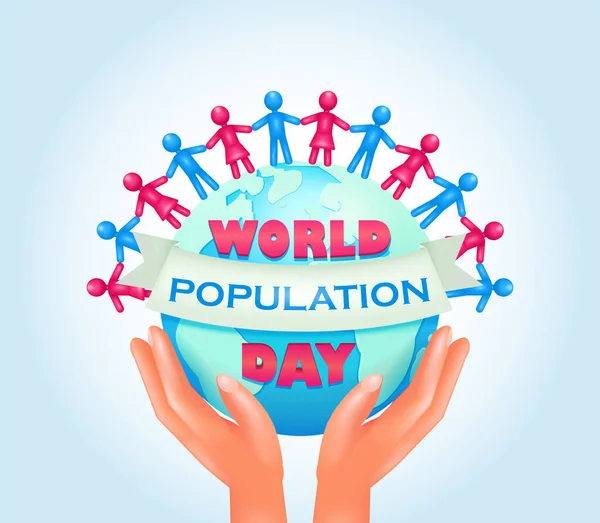世界人口日 矢量3D风格的横幅或海报 双手托着地面 上面粘贴着文字 — 图库矢量图片
