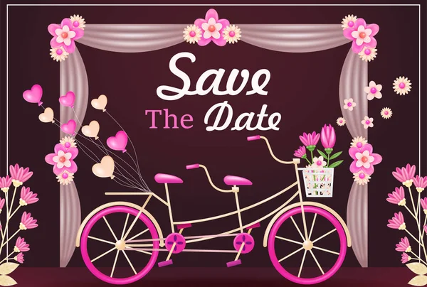 Приглашение Свадьбу Иллюстрация Двойной Пары Велосипед Цветочным Сердечным Воздушным Шаром — стоковый вектор