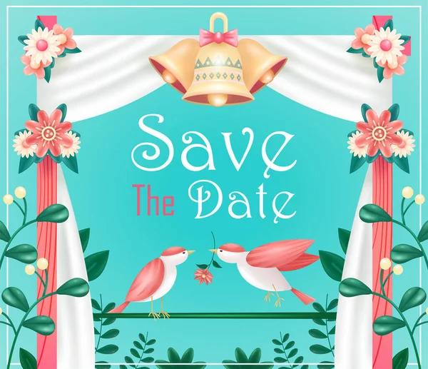 Convite Casamento Ilustração Par Pássaros Com Flores Verão Design Cartão — Vetor de Stock
