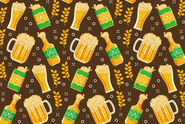 Векторный Стиль Бесшовного Пива Коллекция Бутылок Бокалов Банок Пива Веселящими — стоковый вектор