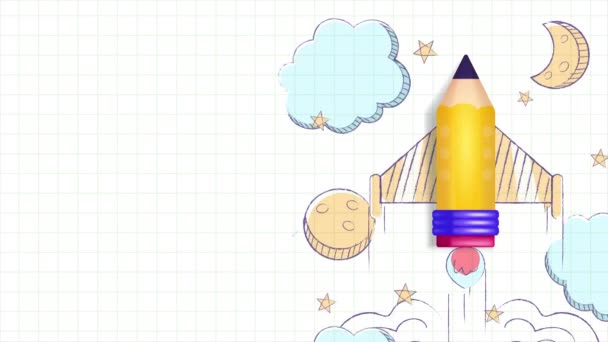 Animación Vector Lápiz Amarillo Con Tema Del Cohete Volando Sobre — Vídeos de Stock