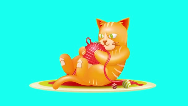 Leuke Kat Cartoon Animatie Oranje Kat Spelen Met Rode Draad — Stockvideo