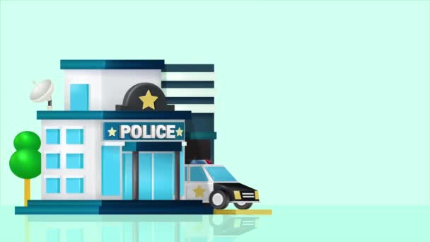 警察署と車 デパートの建物 警察の車の3Dアニメーションオフィスは明るい青の背景にサイレンをオンにままにします 要素やプレゼンテーションに最適 — ストック動画