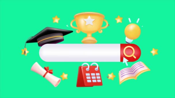 Online Education Animated Search Bar Surrounded Educational Elements Graduation Hats — Stock Video