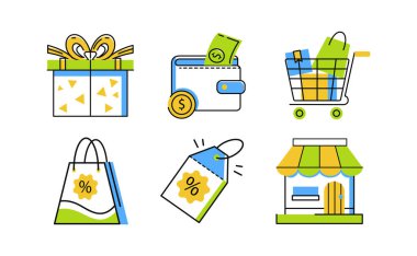 Alışveriş ikonu seti. paket, cüzdan, hediye, alışveriş çantası, indirim etiketi, dükkan ve tramvay. Web sitesi ve sosyal paylaşım için uygun