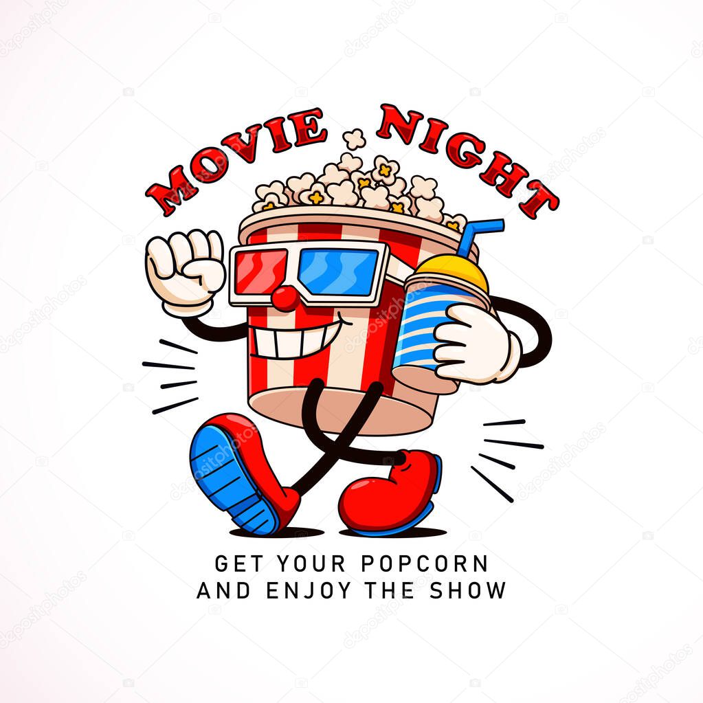 Popcorn cartoon mascot going to the movies. Perfect for logos, mascots, t-shirts, stickers and posters