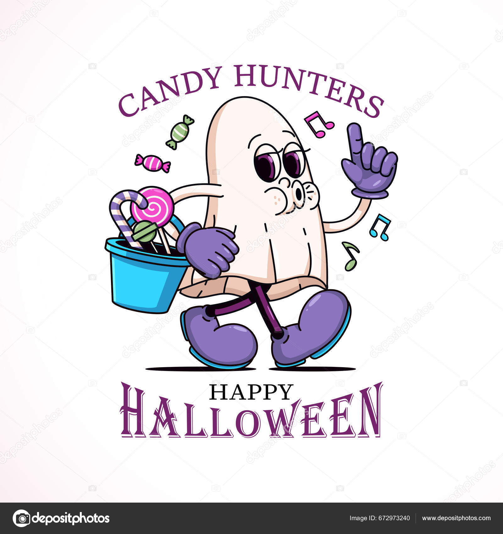 Happy Halloween Cartoon Illustration White Cloth Ghost Carrying Tub Candy Stock Vector By 