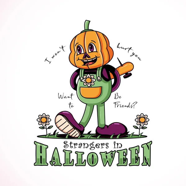 Halloween Ilustración Dibujos Animados Niño Con Una Cabeza Calabaza Perfecto — Vector de stock