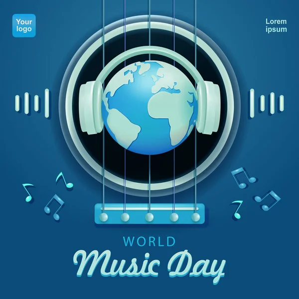 世界音乐日 迷你地球使用带吉他背景的耳机 3D矢量 适合音乐活动 — 图库矢量图片