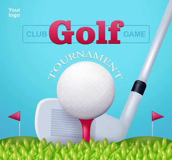 Golf turnuvası. Golf sopaları ve golf topları çimen sahasında, 3 boyutlu vektör. Olaylar için uygun
