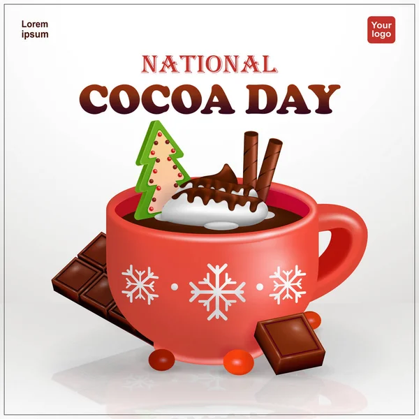 Ulusal Kakao Günü Kremalı Çikolatalı Çam Kurabiyeli Gofretli Kırmızı Bardakta — Stok Vektör