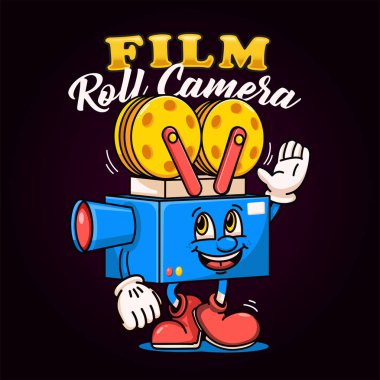 Film kamerası, karakter maskotu. Logolar, maskotlar, tişörtler, çıkartmalar ve posterler için uygun