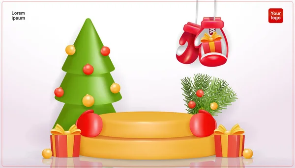 圣诞节庆产品台 装有圣诞树 拳击手套和礼品的圆筒销售产品台 3D矢量 适用于销售银行家 — 图库矢量图片