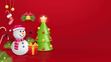 Noel elementi animasyonu, 3 boyutlu vektör. Noel ağacı, yapraklar, hediye kutusu ve çanlar eşliğinde kardan adam dansı. Kış hediyesi ve tatil alışverişi için uygun.