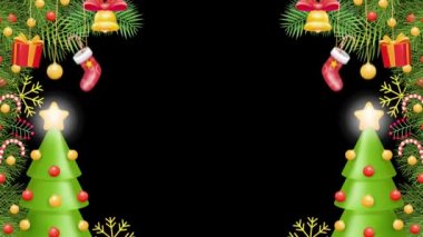 Çelenk, çan, hediye, Noel ağacı asılı halat ve parlayan yıldız ışıklarıyla süslenmiş Noel çerçevesi. Noel Kartı Tasarım Şablonları ve Satışları