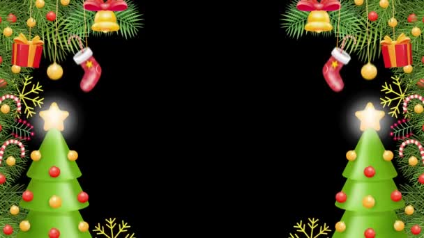 Kerst Frame Decoratie Met Elementen Van Krans Klokken Geschenken Kerstboom — Stockvideo