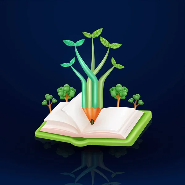 Dallanma bitkisi, kitap ve ağaç zeminli kalem şeklinde. 3d vektörü, Çevre Eğitimi ve Tasarım Elementleri için uygun