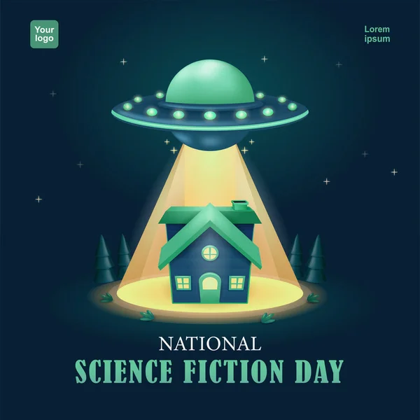 Science Fiction Day Ufo Flying Night Carrying House Vector Suitable — Stock Vector