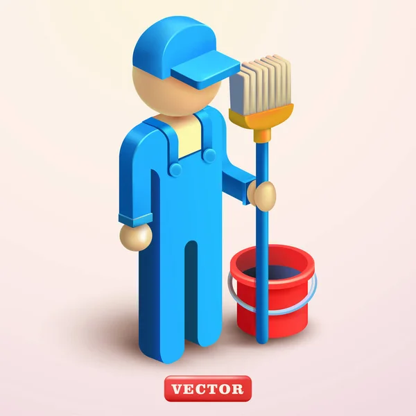 Janitor Stickman Character Vector Suitable Cleaning Services Design Elements — Stock Vector